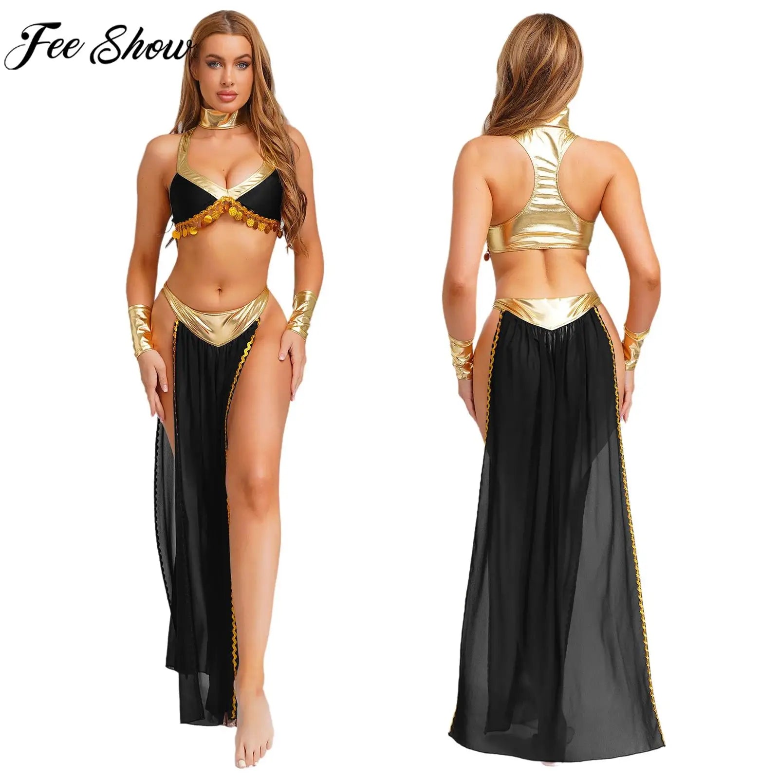 Women Halloween Cleopatra Ancient Egyptian Queen Sun Goddesses Cosplay Costume Belly Indian Dance Outfit Crop Top with Skirt