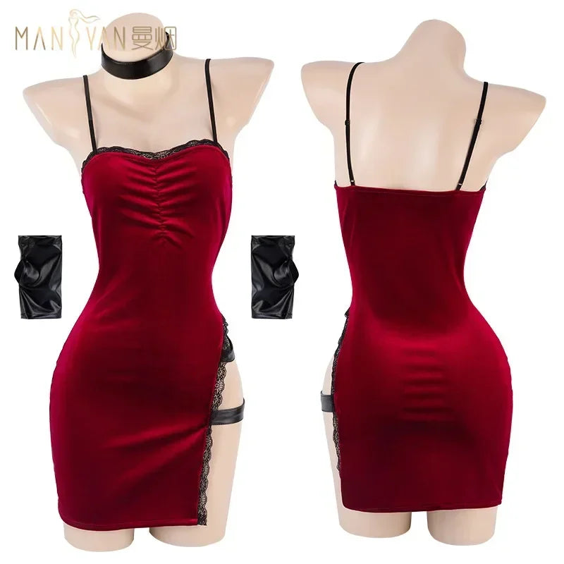 Movie Ada Wong Cos Heroine Secret Service Spy Dress Uniform Halloween Women Red Lace Outfits Cosplay Costume