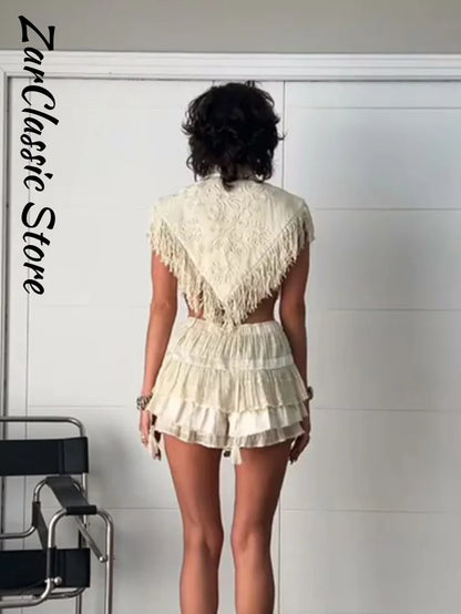 Vintage Embroidery Tassel Shawl Summer Stand Neck Sleeveless Lace up Irregular Women'S Top New Casual Elegant Clothes 2026