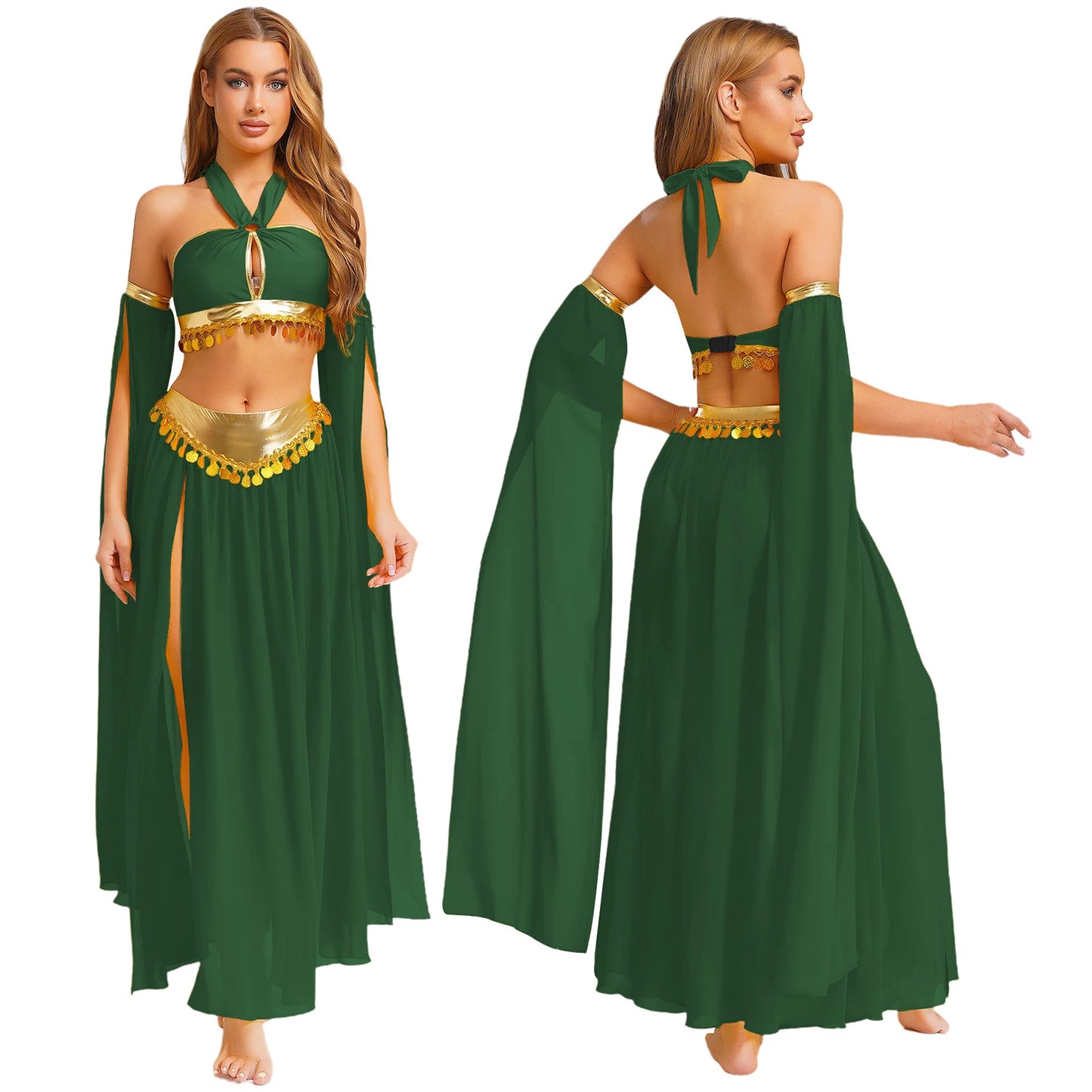 Women Halloween Cleopatra Ancient Egyptian Queen Sun Goddesses Cosplay Costume Belly Indian Dance Outfit Crop Top with Skirt