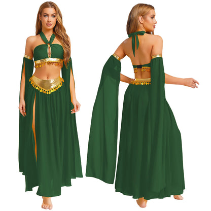 Women Halloween Cleopatra Ancient Egyptian Queen Sun Goddesses Cosplay Costume Belly Indian Dance Outfit Crop Top with Skirt