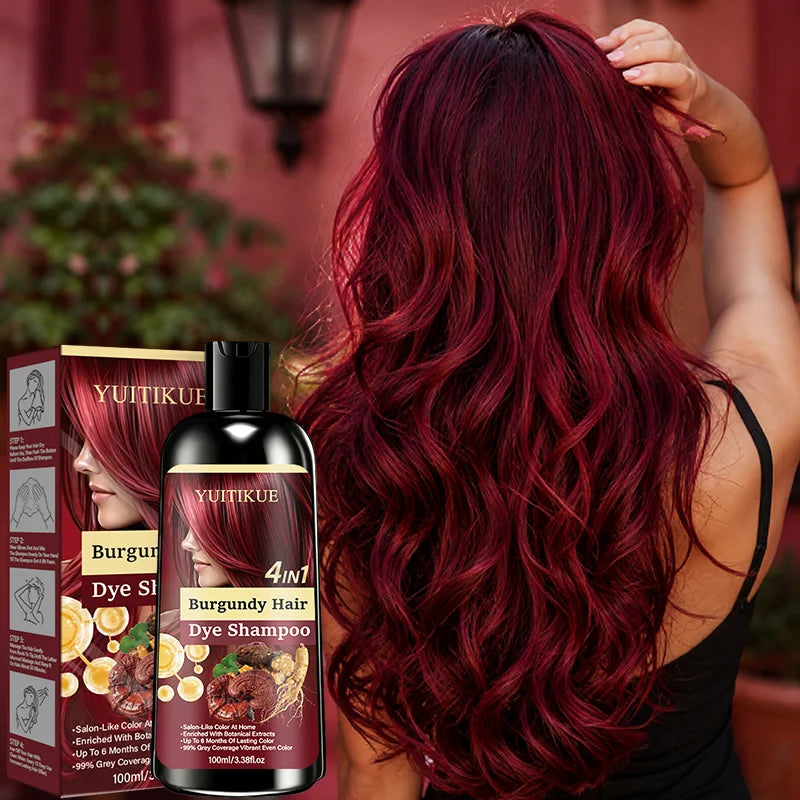 Burgundy Hair Dye Shampoo 4 in 1 Botanical Infused Long Wear Color Cover Gray Hair Convenient Household Hair Coloring