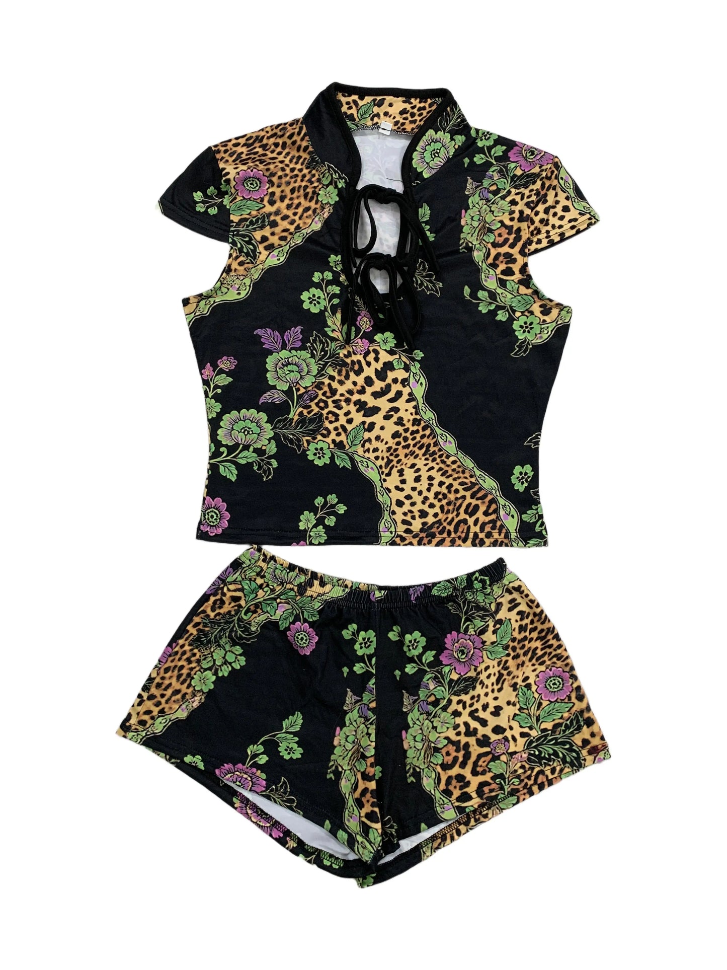 Women Y2K Leopard Floral Print 2 Piece Outfit, Mandarin Collar Keyhole Tie Front Cap Sleeve Crop Top Mini Short Matching Set