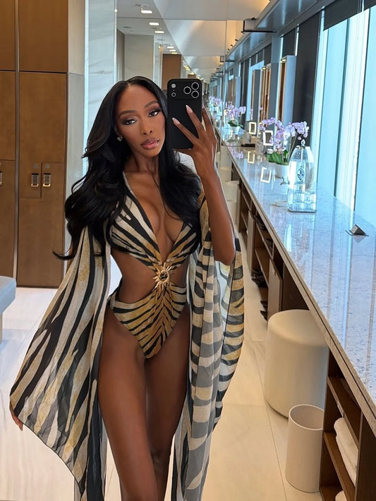Zebra Print 2 Piece Swimsuit Set Women Cutout One Piece Bikini Bodysuit Long Kimono Cover up Beach Holiday Bathing Suit 2026 New