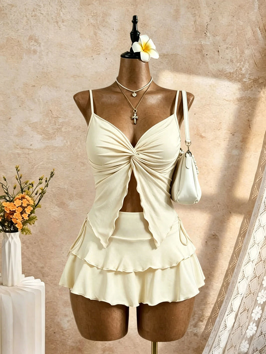 Women Twist Front Cut Out Cami Top & High Waist Ruched Mini Skirt 2 Piece Outfit Set 2026 Summer Y2K Solid Beige Sleeveless Vaca