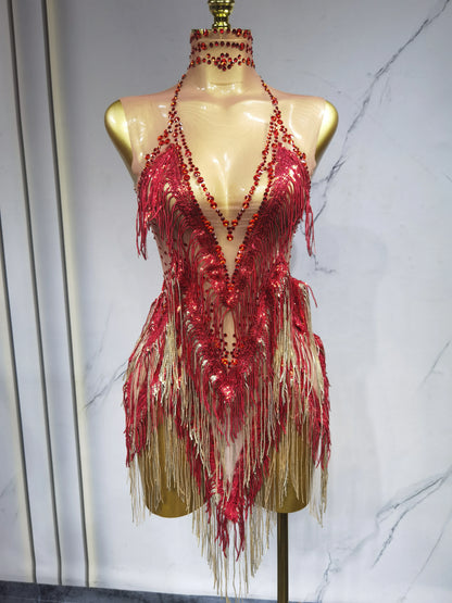 Iris Gradient Tassel Latin Dance Competition Costume Talent Performance Dress Prom Performance Costume