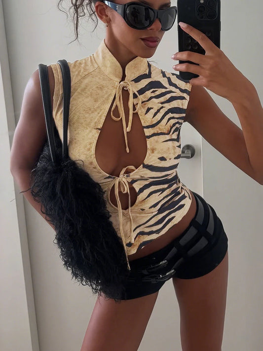 Tiger Stripes Print Tank Tops Woman Summer Trend Stand Collar Hollow Shirring Design Hot Girls Street Wild Style Vests
