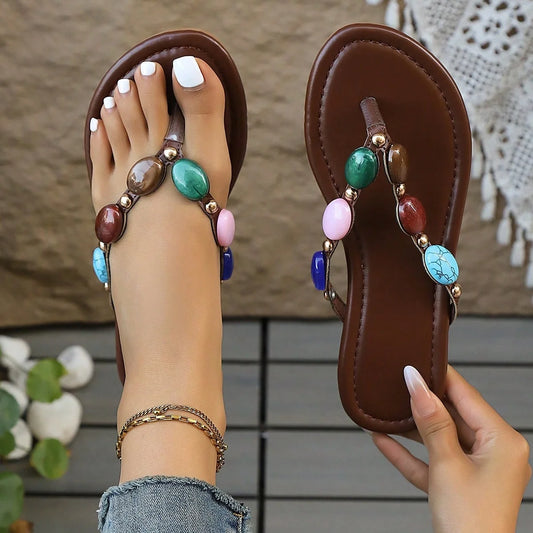 Bohemian Colorful Gem Flip Flops Women Summer Beach Flat Sandals Large Size Fashion Outdoor Slippers