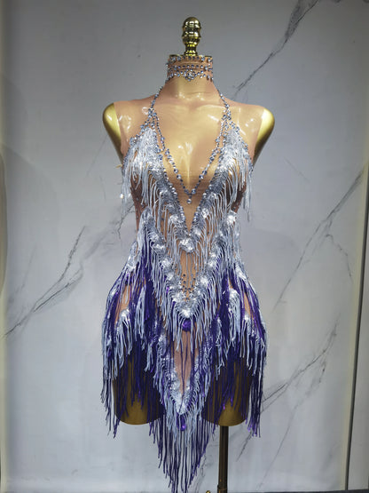 Iris Gradient Tassel Latin Dance Competition Costume Talent Performance Dress Prom Performance Costume