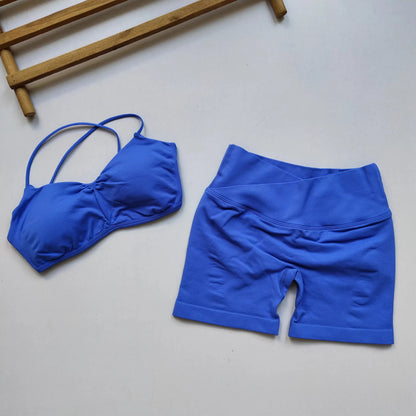Women'S Open Back Yoga Tank Top Built-In Pads, High Waist Peach Butt Lift Shorts Cross Waist Workout Set
