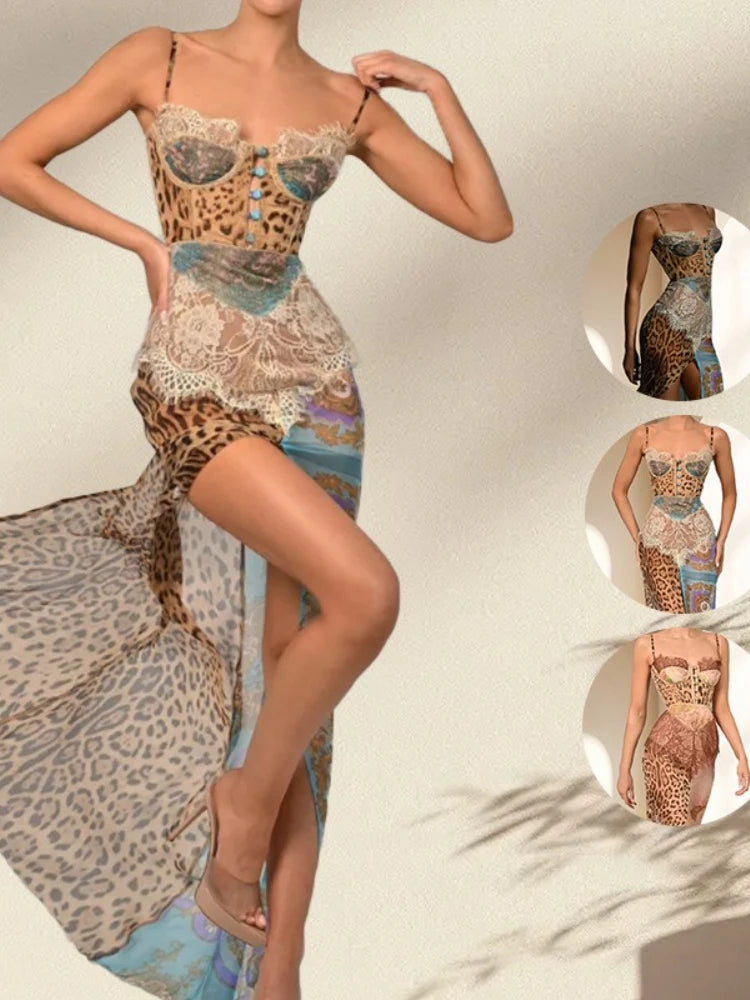 New Summer Leopard Print Lace Split Sexy Maxi Dress Women Gown Elegant Patchwork Chiffon Sleeveless Backless Beach Evening Dress