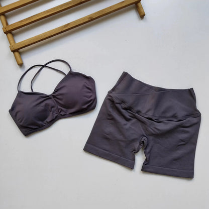 Women'S Open Back Yoga Tank Top Built-In Pads, High Waist Peach Butt Lift Shorts Cross Waist Workout Set
