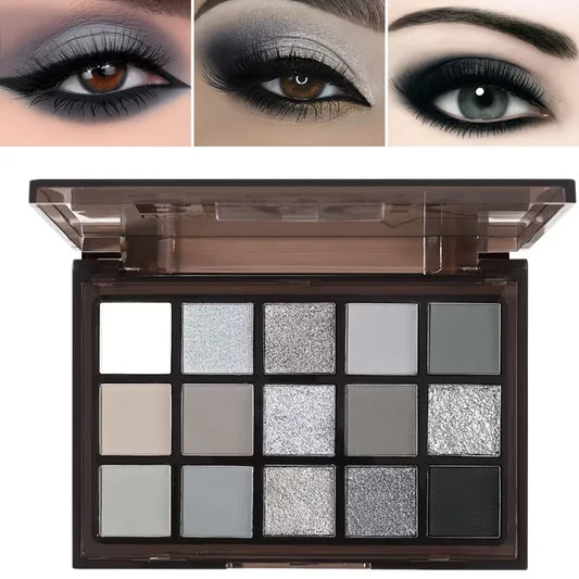 15 Color Black Gray Smoked Eye Shadow Plate,Dark Gray Silvery Metal Matte Halloween Gothic Makeup Palette,Shimmer Eye Shadow