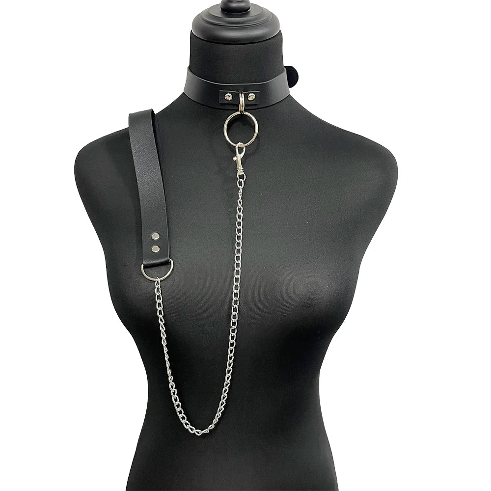 Women Sexy Mask Half Face Cosplay Leather Mask Party Mask Chain Harness Necklace Masquerade Ball Fancy Masks Punk Collar BDSM