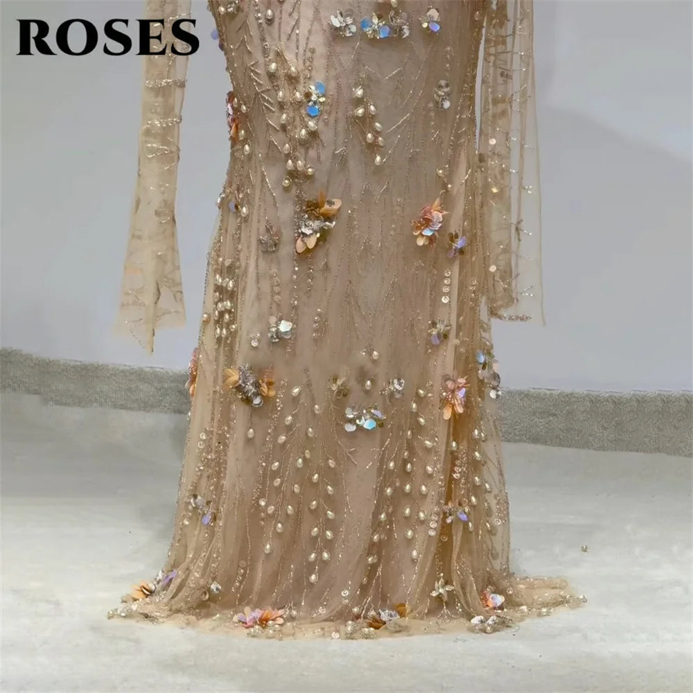 ROSES Champagne Party Dress Sweetheart Mermaid Evening Dresses with 3D Floral فساتين السهرة Gala Dress Customized