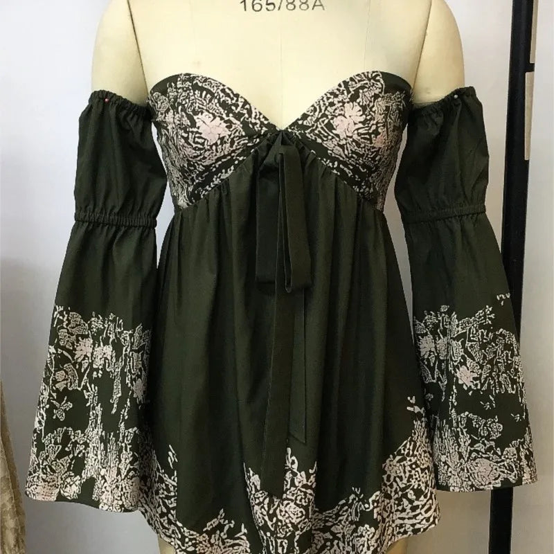 Sexy off the Shoulder Dress Flare Sleeve Strapless High Waist Mini Dress Irregular Hem Floral Printed Cowboy West Dress