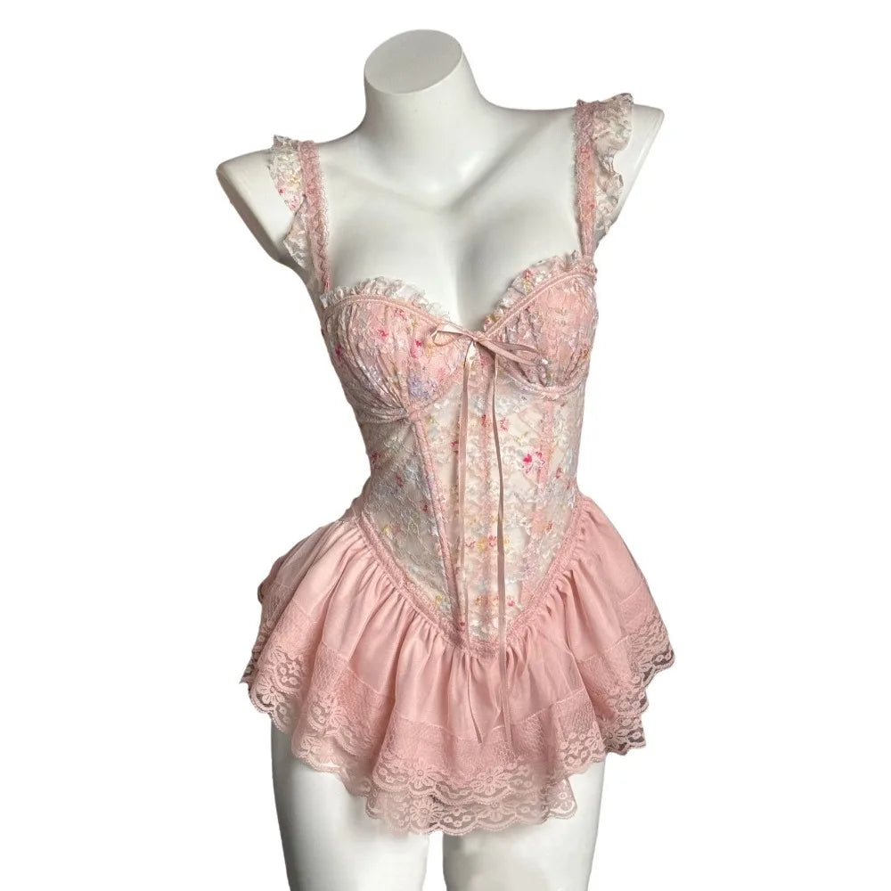 Comfortable Thin Sweet Lace Nightdress Beauty-Back Lace-Up Sleeveless Nightwear with Chest Pad Homewear Pajamas Women Female