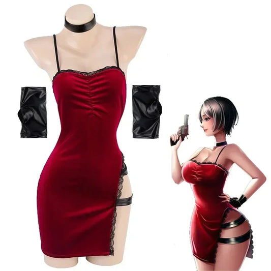 Movie Ada Wong Cos Heroine Secret Service Spy Dress Uniform Halloween Women Red Lace Outfits Cosplay Costume