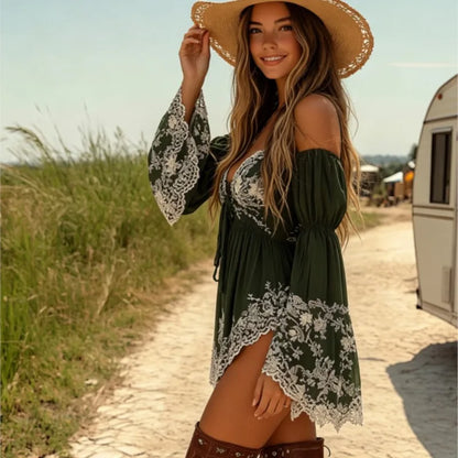 Sexy off the Shoulder Dress Flare Sleeve Strapless High Waist Mini Dress Irregular Hem Floral Printed Cowboy West Dress
