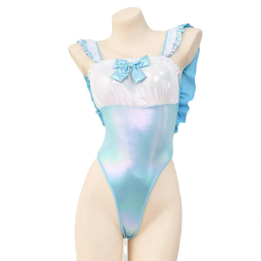 Women Colorful Shiny Blue Laser One-Piece Swimstuit Unifrom Women Bik Anime Ruffles Bow Backless Bodysuit Swimwear Costumes Cos