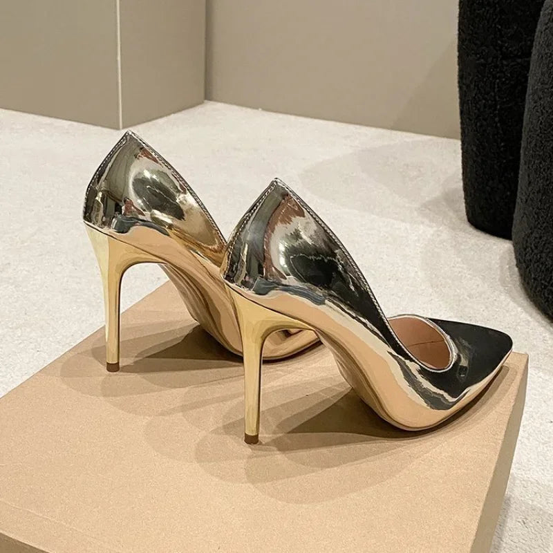 Soft Leather Sliver Gold High Heels 8/10Cm Shoe Fashion Women Pumps Pointed Toe Slip-On Office Woman Wedding Shoes Large Size 43