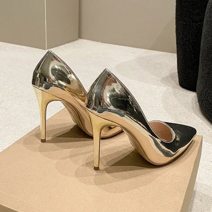 Soft Leather Sliver Gold High Heels 8/10Cm Shoe Fashion Women Pumps Pointed Toe Slip-On Office Woman Wedding Shoes Large Size 43