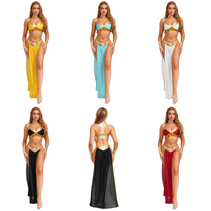 Women Halloween Cleopatra Ancient Egyptian Queen Sun Goddesses Cosplay Costume Belly Indian Dance Outfit Crop Top with Skirt