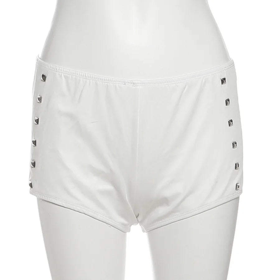 Women'S Retro Beach Personality Design Bottoms Embellished Metal Rivet Detail Elastic Waist Low-Waisted Daily Shorts New Style