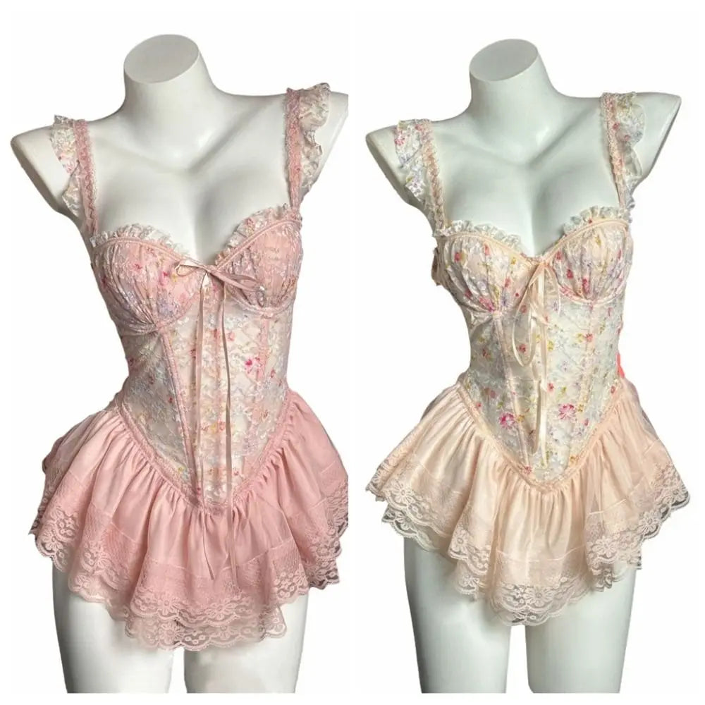 Comfortable Thin Sweet Lace Nightdress Beauty-Back Lace-Up Sleeveless Nightwear with Chest Pad Homewear Pajamas Women Female