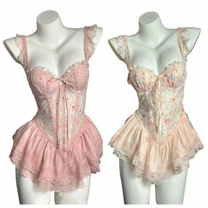 Comfortable Thin Sweet Lace Nightdress Beauty-Back Lace-Up Sleeveless Nightwear with Chest Pad Homewear Pajamas Women Female