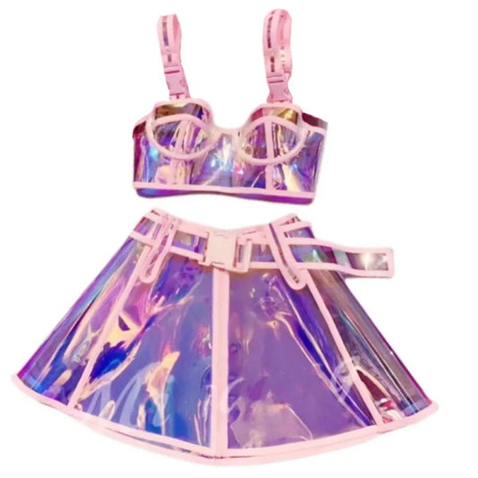 Bar Club Party Disco Dance Costume Women Dancer Team Nightclub Bar Sexy Stage Wear Pink Laser Tops Skirt Performance Clothes