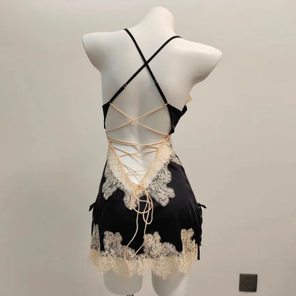 Sexy Pajamas for Women Nightwear Ice Silk Lace Beautiful Back Suspender Pajama Night Dress Elegant Strap Sweet Nightgown 2025