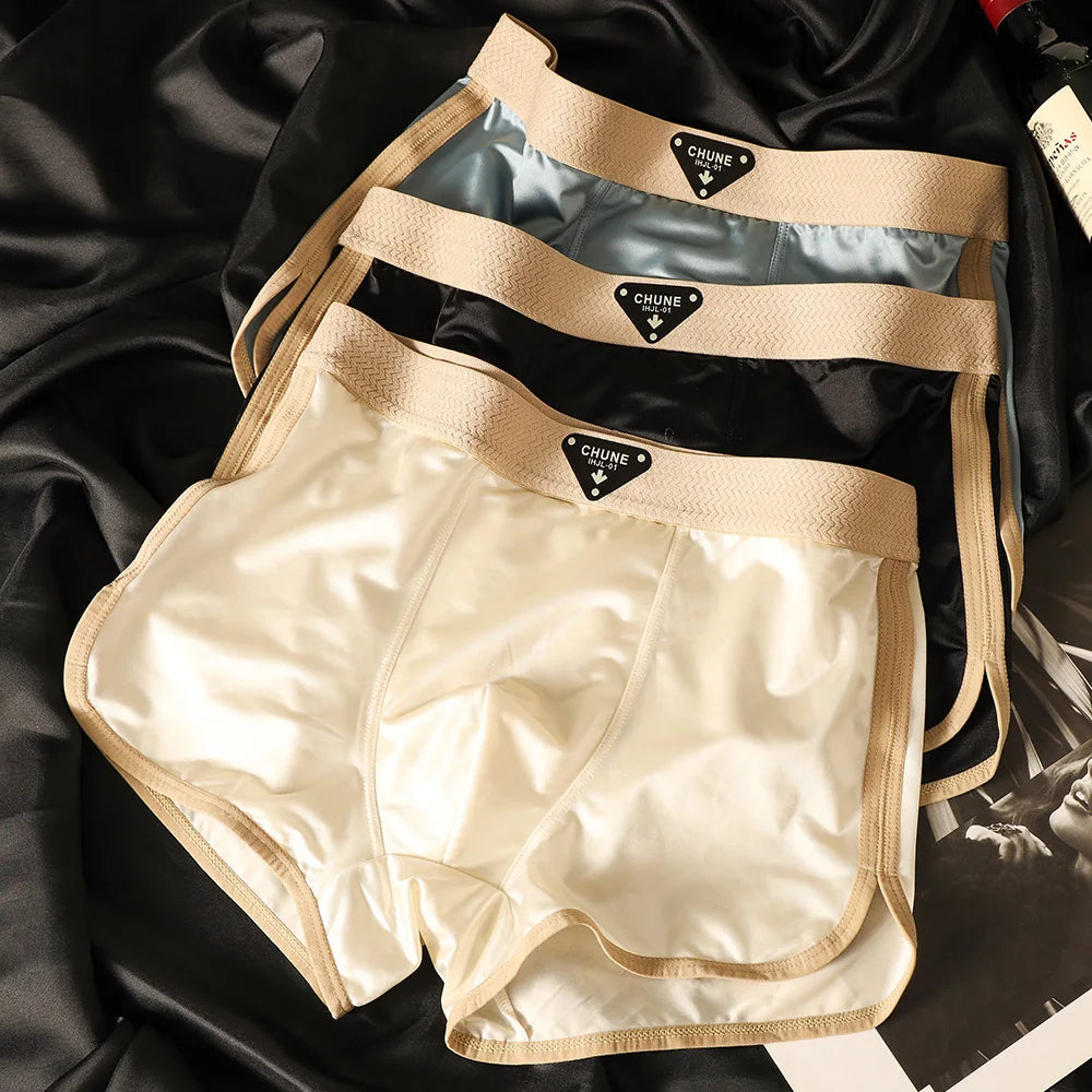3Pcs/Pack Luxury Satin-Like Ice Silk Men'S Panties Hygroscopic Breathable Double-Layer Silk Crotch Boxer High Elastic Underpants