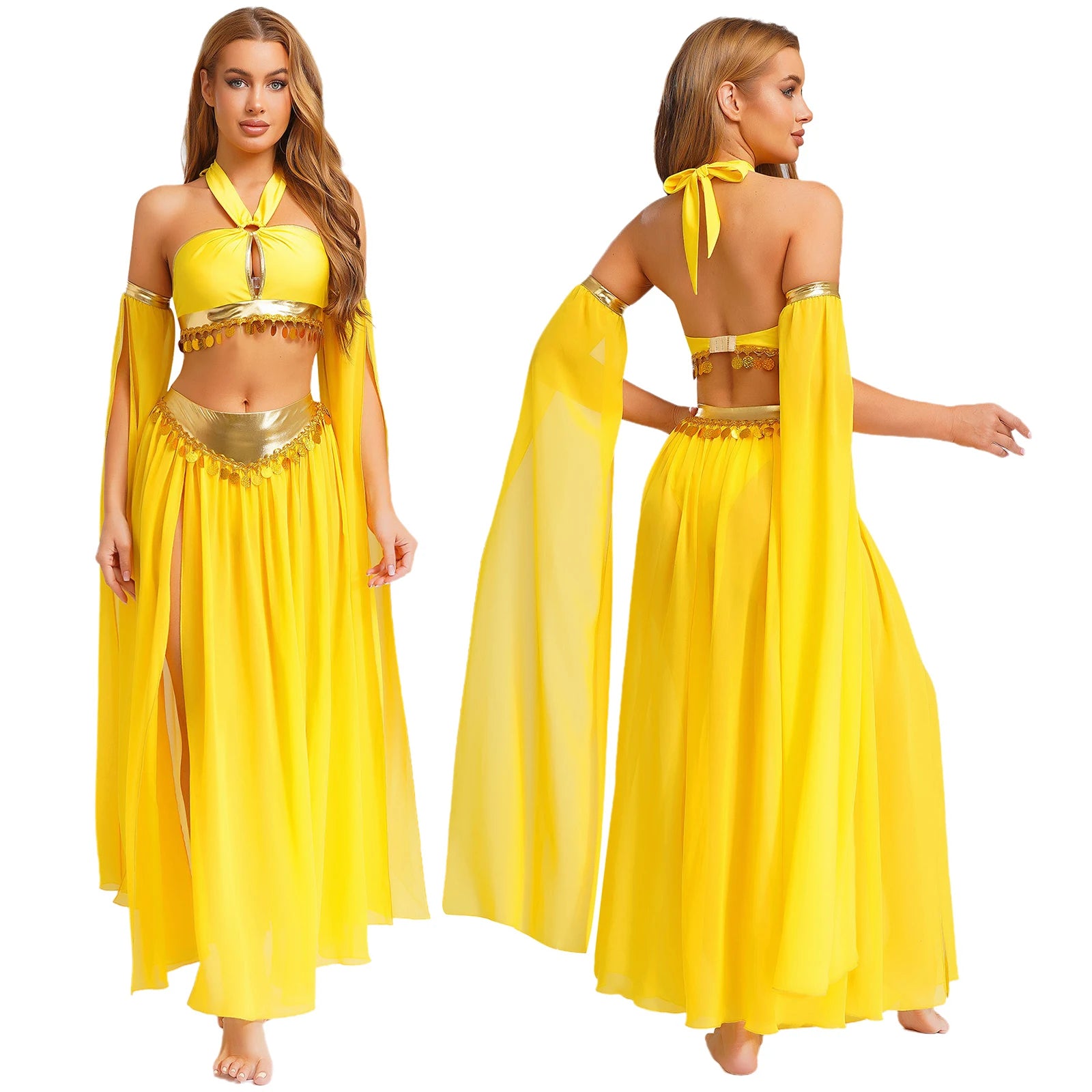 Women Halloween Cleopatra Ancient Egyptian Queen Sun Goddesses Cosplay Costume Belly Indian Dance Outfit Crop Top with Skirt