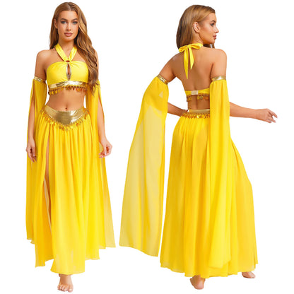 Women Halloween Cleopatra Ancient Egyptian Queen Sun Goddesses Cosplay Costume Belly Indian Dance Outfit Crop Top with Skirt