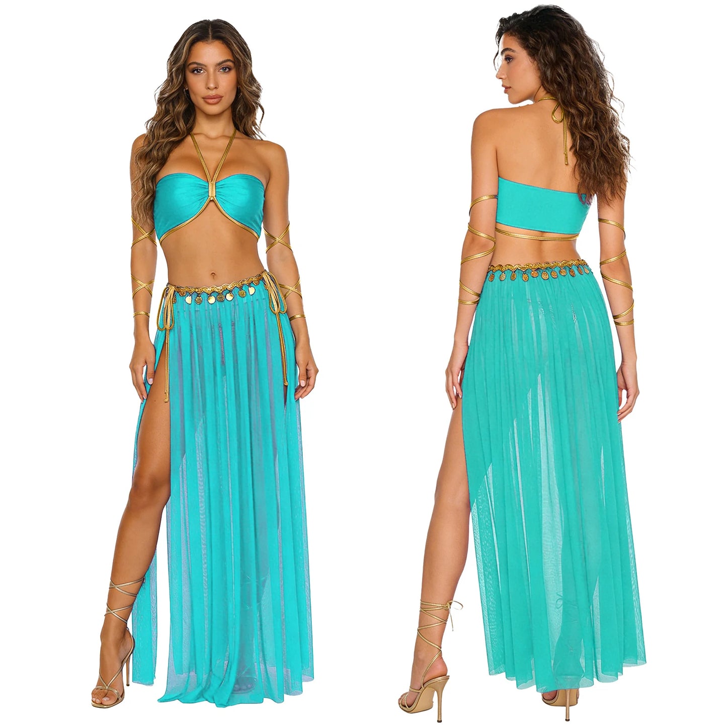 Women Halloween Cleopatra Ancient Egyptian Queen Sun Goddesses Cosplay Costume Belly Indian Dance Outfit Crop Top with Skirt