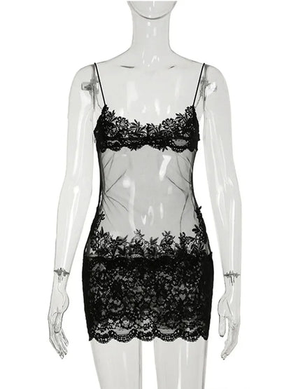 Lace Transparent Mini Dress Sexy Women Wrapping Spaghetti Embroidery Flower Sheath Nightwear Club Mesh Wave Fantacy