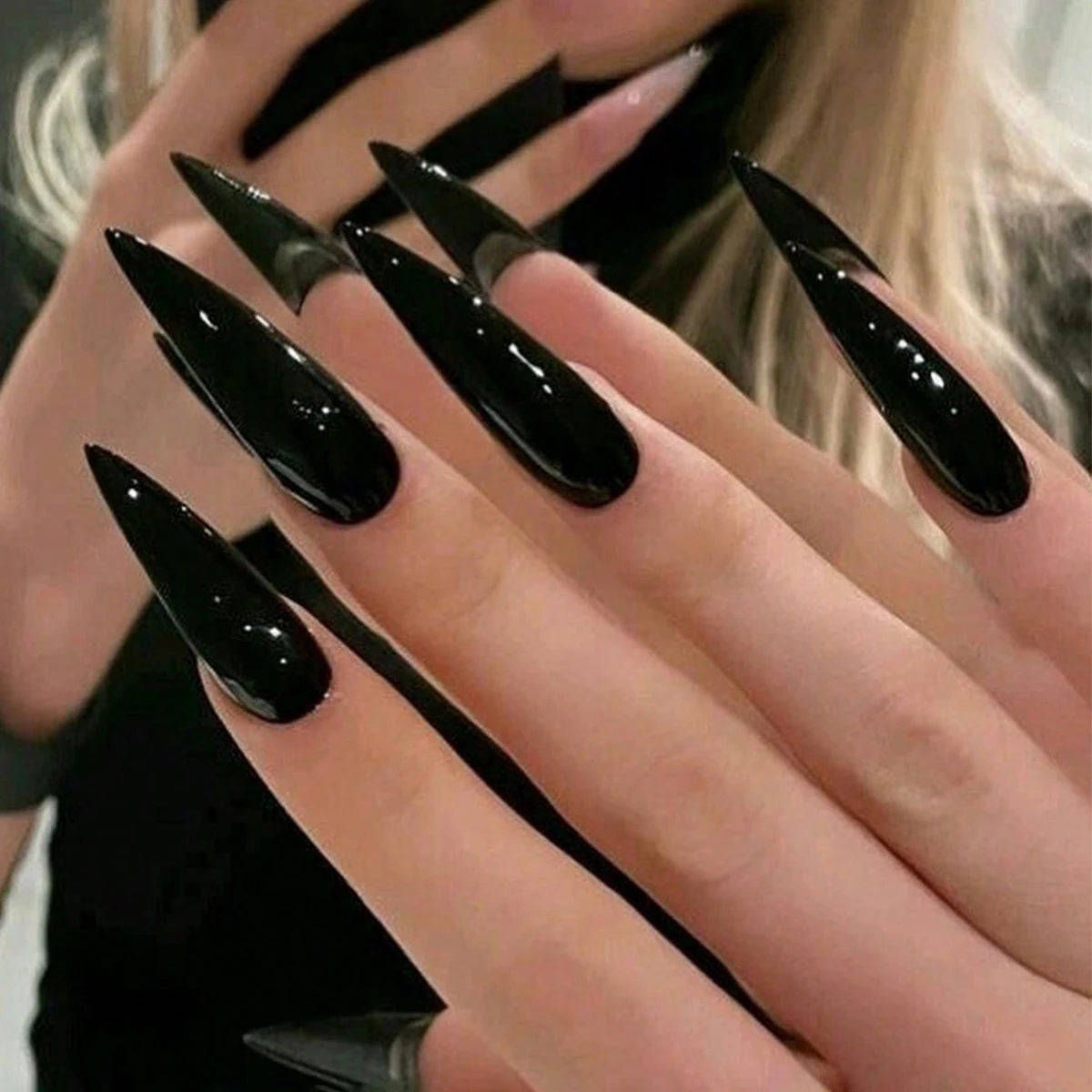Transform Your Nails with 24Pcs Extra Long Stiletto French Style Modern Classic Simple BLACK Solid Color Full Cover Fake Nail Ki