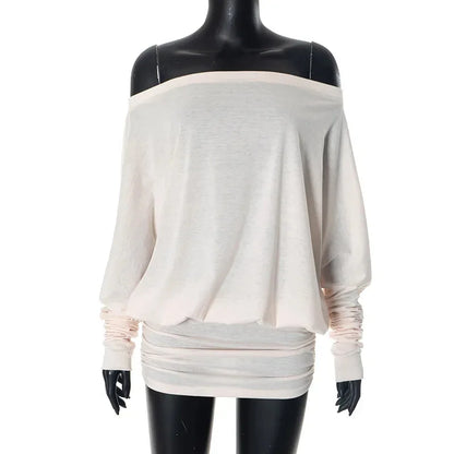 Newly Designed Niche Shoulder Long Sleeved T-Shirt Daily High Street Chiffon Women Irregular and Unique Sexy Slanted Shoulder