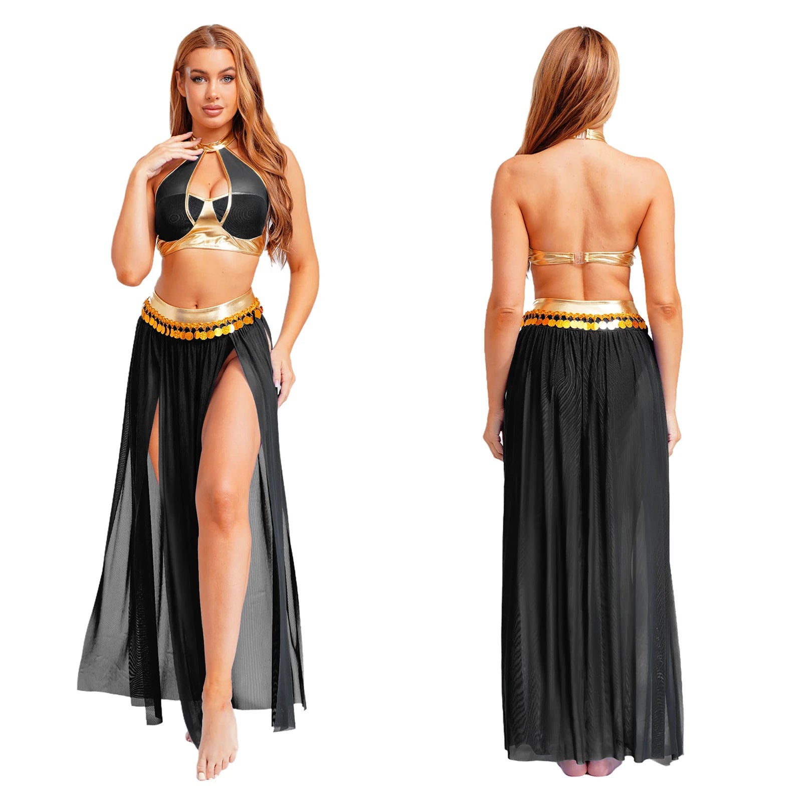 Women Halloween Cleopatra Ancient Egyptian Queen Sun Goddesses Cosplay Costume Belly Indian Dance Outfit Crop Top with Skirt