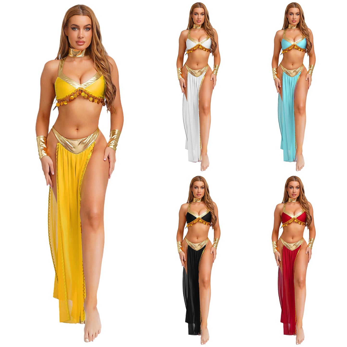 Women Halloween Cleopatra Ancient Egyptian Queen Sun Goddesses Cosplay Costume Belly Indian Dance Outfit Crop Top with Skirt
