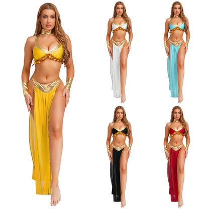 Women Halloween Cleopatra Ancient Egyptian Queen Sun Goddesses Cosplay Costume Belly Indian Dance Outfit Crop Top with Skirt