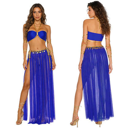 Women Halloween Cleopatra Ancient Egyptian Queen Sun Goddesses Cosplay Costume Belly Indian Dance Outfit Crop Top with Skirt