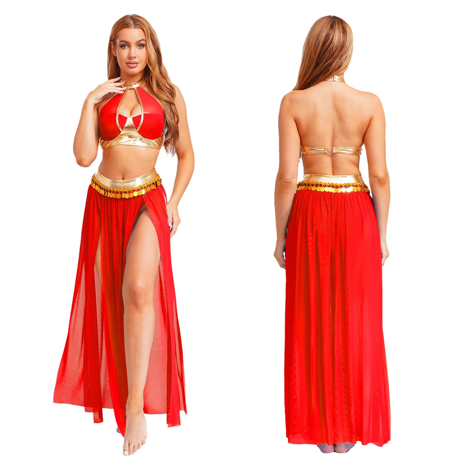 Women Halloween Cleopatra Ancient Egyptian Queen Sun Goddesses Cosplay Costume Belly Indian Dance Outfit Crop Top with Skirt