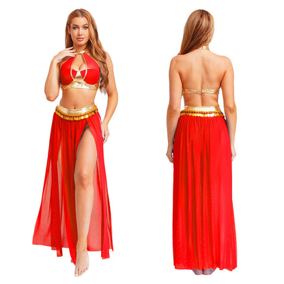 Women Halloween Cleopatra Ancient Egyptian Queen Sun Goddesses Cosplay Costume Belly Indian Dance Outfit Crop Top with Skirt