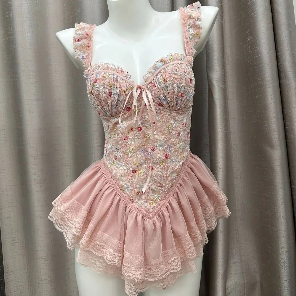 Comfortable Thin Sweet Lace Nightdress Beauty-Back Lace-Up Sleeveless Nightwear with Chest Pad Homewear Pajamas Women Female