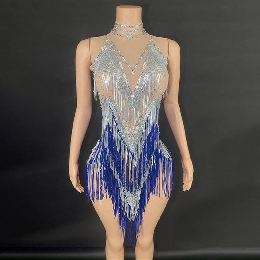 Iris Gradient Tassel Latin Dance Competition Costume Talent Performance Dress Prom Performance Costume
