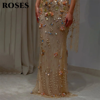ROSES Champagne Party Dress Sweetheart Mermaid Evening Dresses with 3D Floral فساتين السهرة Gala Dress Customized