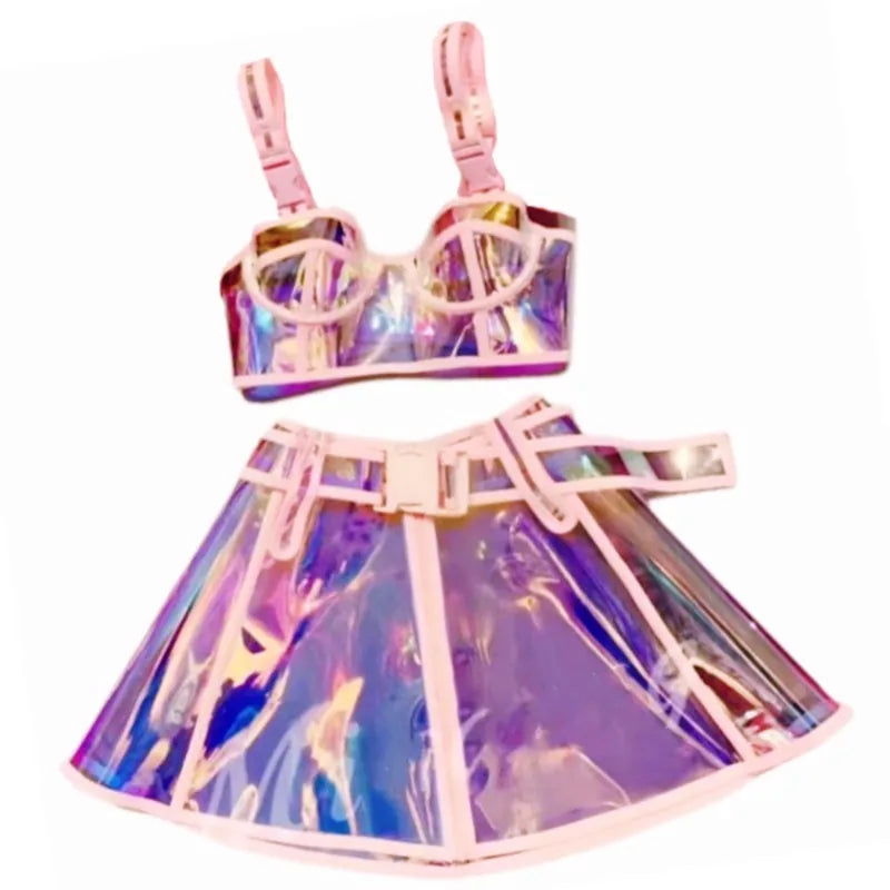 Bar Club Party Disco Dance Costume Women Dancer Team Nightclub Bar Sexy Stage Wear Pink Laser Tops Skirt Performance Clothes