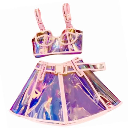 Bar Club Party Disco Dance Costume Women Dancer Team Nightclub Bar Sexy Stage Wear Pink Laser Tops Skirt Performance Clothes